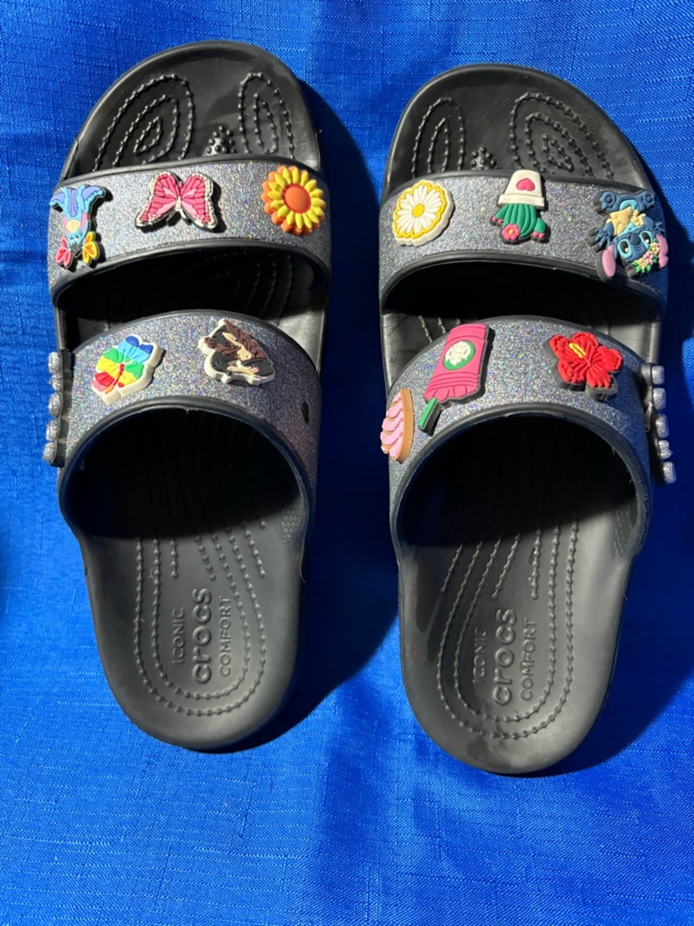 CROCS slide sandals with glittery strap and jibbitz charms